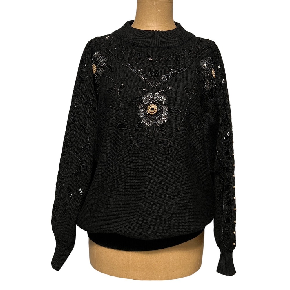 Vintage Mariea Kim Dolman Sweater Black‎ 46" Chest Sequins Pearls Bling Holiday